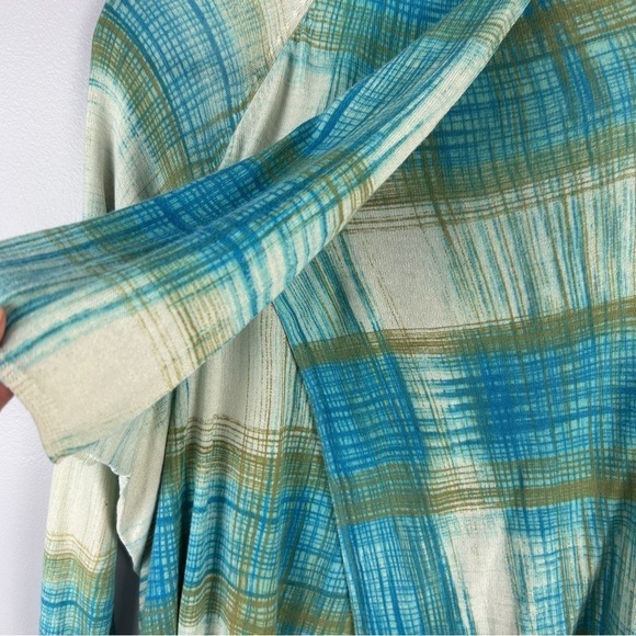 Anthropologie Sparrow Revolution Plaid Asymmetrical Draped Cardigan Medium Blue - Picture 14 of 15